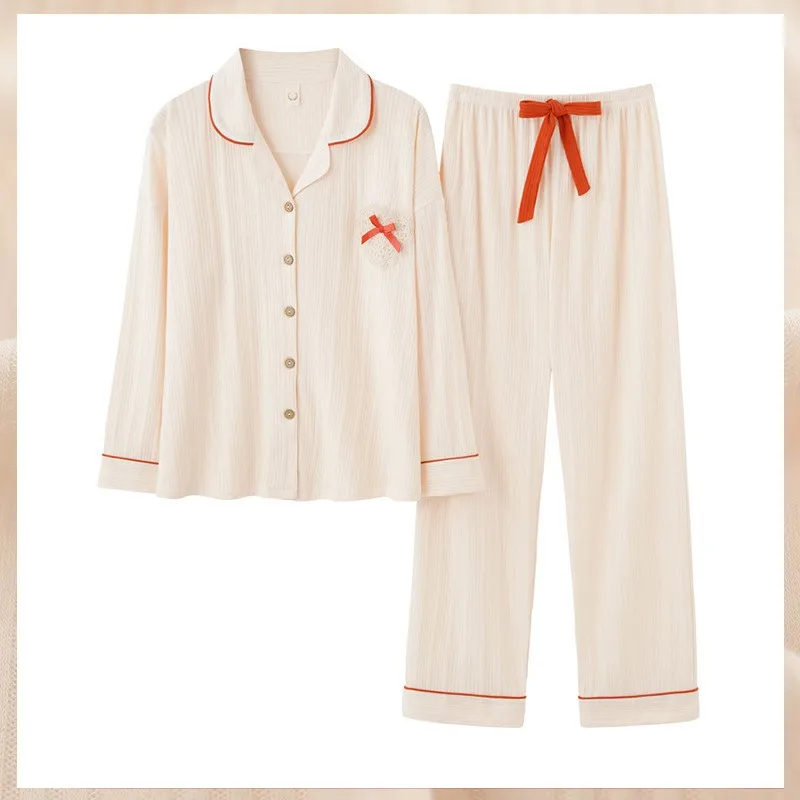 

Autumn New 2PCS Cotton Pajamas Suit Women Spring Full Sleeve Pant Homewear Cute Lace Bow Sleepwear Casual Loose Nightwear M-3XL