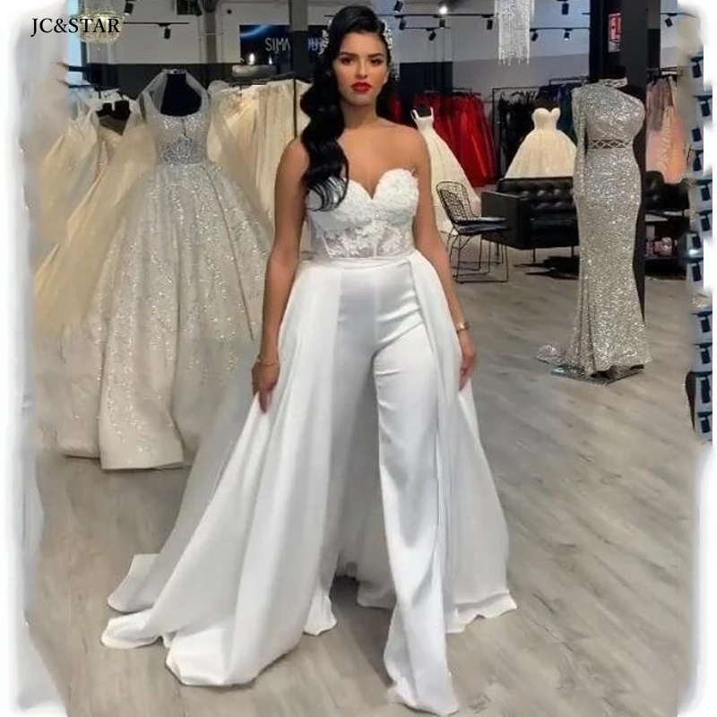 

wedding jumpsuit new sweetheart lace beaded Backless corset ivory wedding dress with detachable skirt plus robe mariee boheme