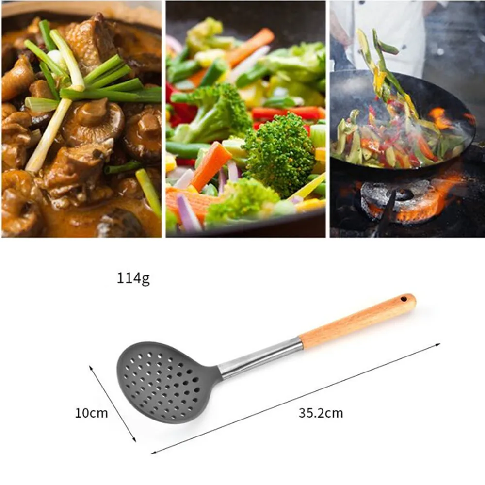 

Best Silicone Cooking Utensil Set Wooden Handle Spatula Soup Spoon Brush Ladle Pasta Colander Non-stick Cookware Kitchen Tools