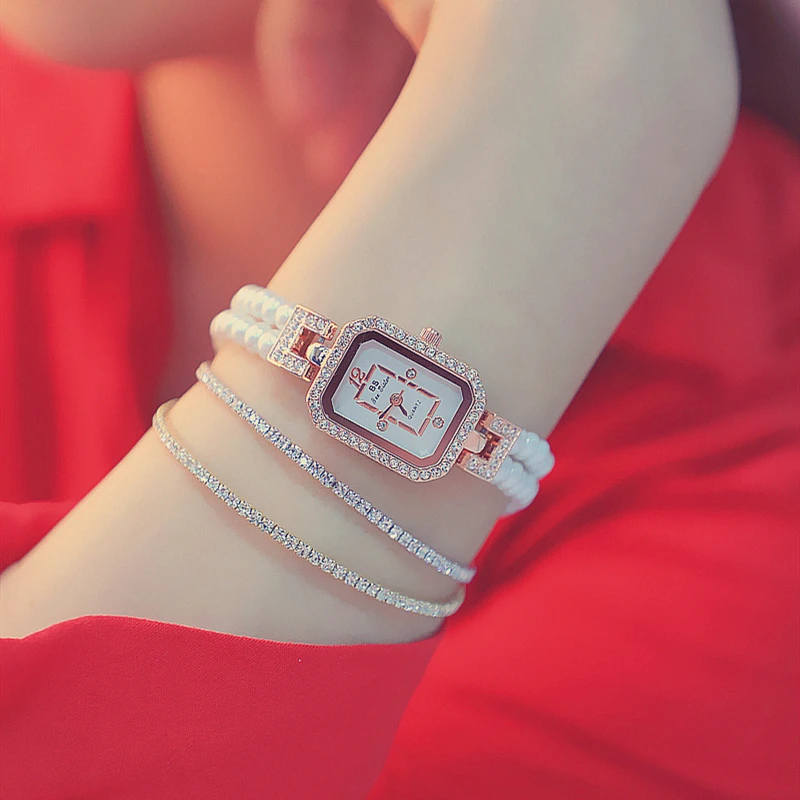 

BRAND PEARL BRACELET WOMEN WATCH LADIES DRESS CLOCK WOMEN'S LUXURY DIAMOND RECTANGLE DIAL QUARTZ WRIST WATCHES RELOGIO FEMININO