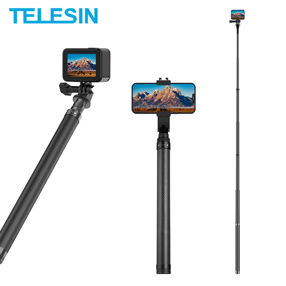 

TELESIN 116cm Carbon Fiber Monopod Selfie Stick Extendable With 1/4 Screw For GoPro Hero 10 9 8 7 Insta360 Osmo Action iPhone