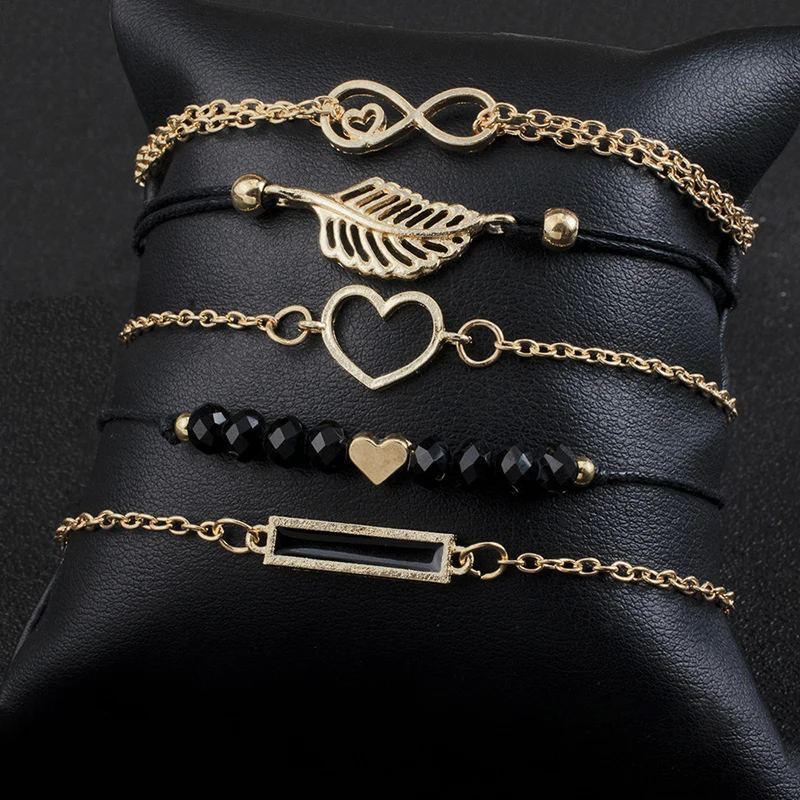 

Modyle Bohemian Black Beads Chain Bracelets Bangles For Women Fashion Heart Compass Gold Color Chain Bracelets Sets Jewelry Gift