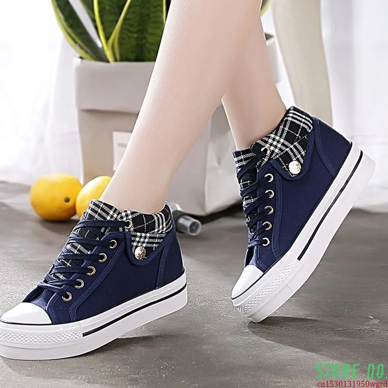 

Women Casual Shoes Flat Platform Wedges Woman Canvas Shoes Lace Up Women Sneakers Hidden Heel Spring Autumn Denim Shoes