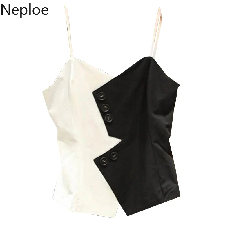 Neploe корейский контрастный цвет пэчворк пуговицы дизайн Camis модная Асимметричная