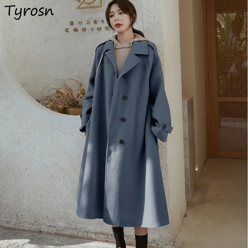 Women Wool Blends Trendy Loose Long Coats Casual All-mach Oversize Button-up Sashes Epaulet Elegant 