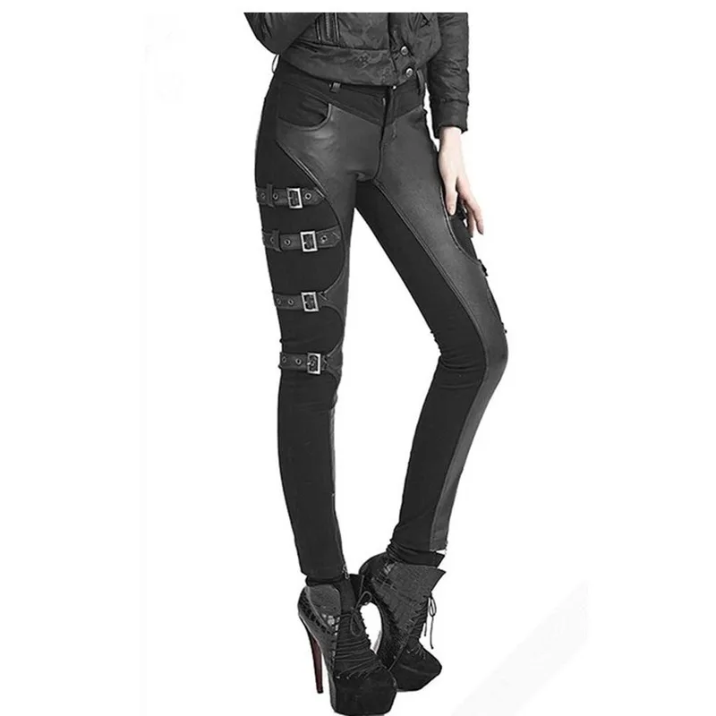 

Lugentolo Slim Pencil Pants Women Belt Stitching Sexy Skinny Faux Leather Full Length Spring Fashion Womens Pants