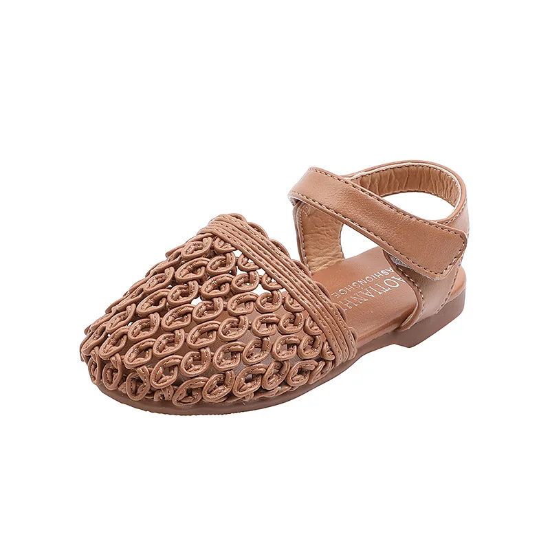 

2021 Summer New Girls Sandals Solid Color Woven Soft Bottom Sandal Little Children Kids Fashion Retro Princess Shoes