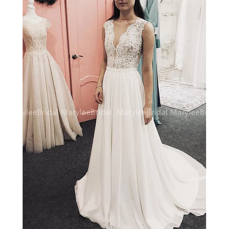 Boho A Line свадебное платье с v образным вырезом кружевной топ шифоновая юбка белая