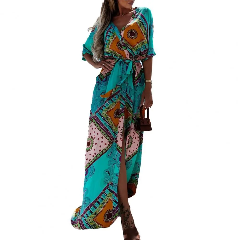 

Платье женское ТРАПЕЦИЕВИДНОЕ с V-образным вырезом, модное пляжное с принтом в стиле бохо, с разрезом на подоле, на шнуровке, на лето