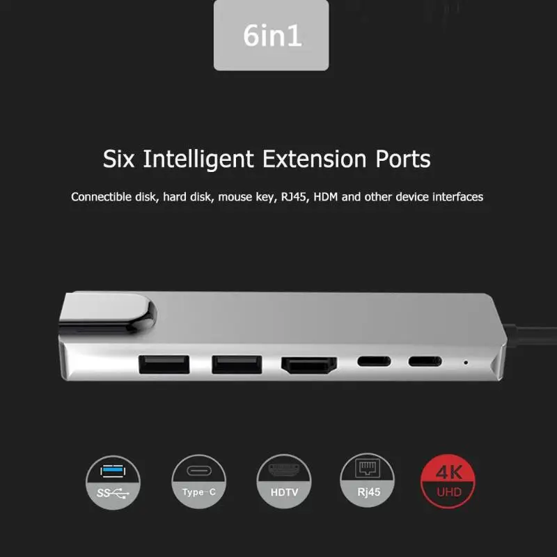 6 в 1 type-C USB 3,1 type-C док-станция хаб-конвертер USB-C 4K HDMI 2 USB 3,0 PD RJ45 Adpter для ноутбука с интерфейсом type-C