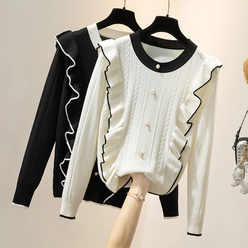 

Pullover Knitted Sets Ruffle Splicing White Women O-Neck Contrast Color A Word Plaid Skirt Suits 2021 Fall Sweater Pearl Buttons