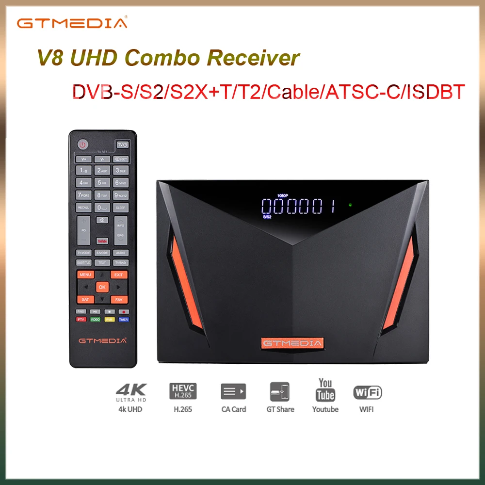 

Спутниковый ресивер GTmedia V8 UHD 4K комбинированный DVB S2x S2 T2 кабель ISDBT ATSC цифровой ТВ Decorder Поддержка USB H.265 WIFI IPTV Lan