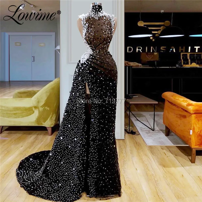 High Neck Black Glitter Beaded Prom Dresses With High Split Side Sexy African Party Dress 2019 Custom Made Arabic Evening Gowns