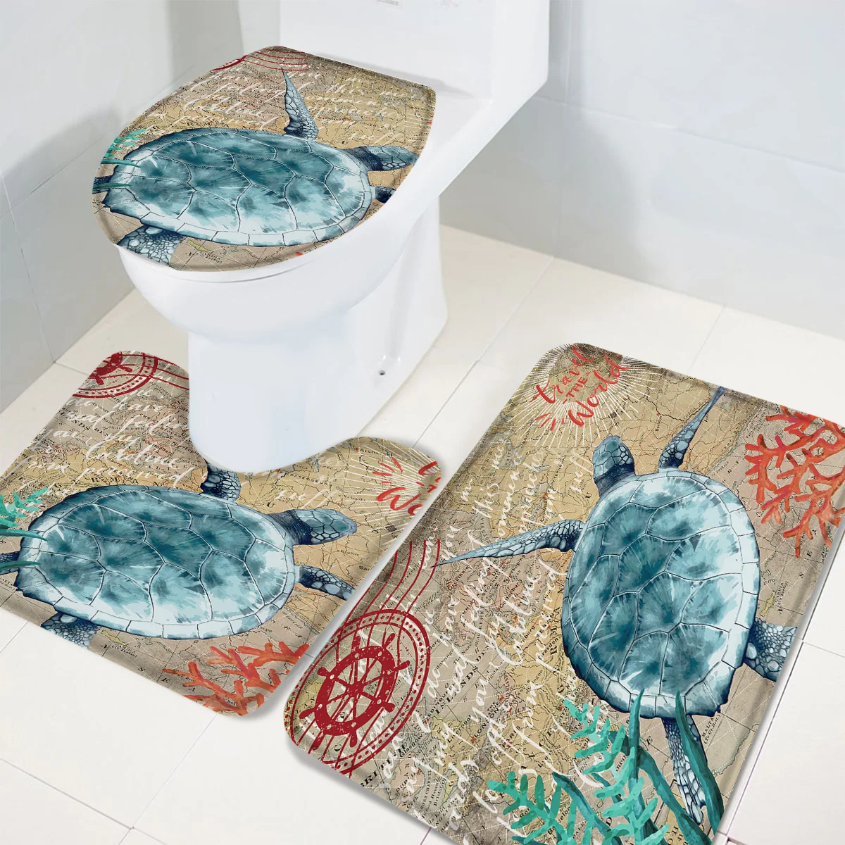 3 Pieces Bathroom Set Nautical Theme Sea Turtle Retro Map Durable Bath Toilet Cover Mat Pedestal Rug Non-Slip | Дом и сад
