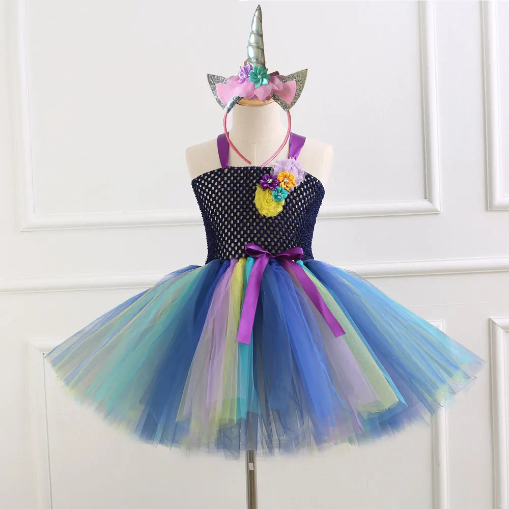 7 Style Flower Girls Unicorn Tutu Dress With Headband Fancy Girl Party Rainbow Tulle Princess Kids Halloween Costume | Детская одежда и