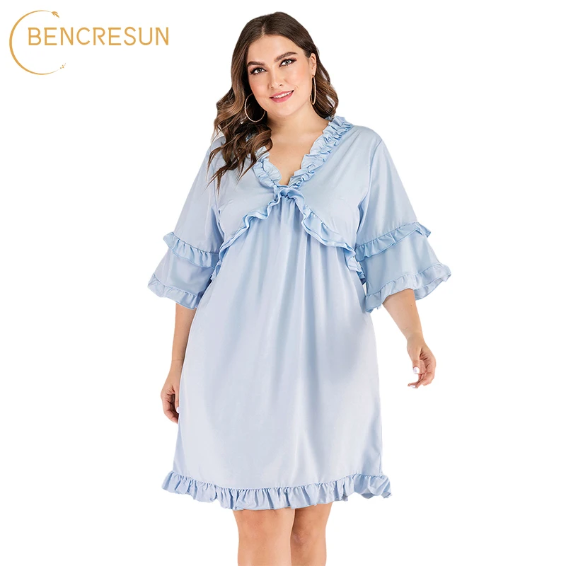 

Women's Casual Plus Size Dress Summer Light Blue Fashion Style V-neck Ruffle Sleeve Dress Mid-length Loose Casual Ladies Dress