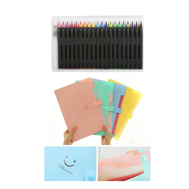 

Ручка с мягкой кисточкой, 20 цветов, акварельные маркеры, ручка и пластиковые расширяющиеся папки для файлов, 5 Карманов, размер букв A4
