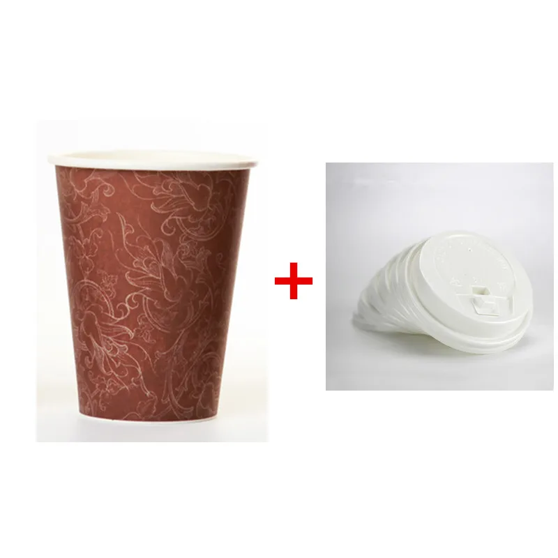 cup and white lid 50 шт. одноразовая кофейная чашка с цветочным узором, плотные бумажные чашки, горячие напитки, сок напитки, упаковка, чашки, пакеты на вынос с крышками - Цвет: cup and white lid