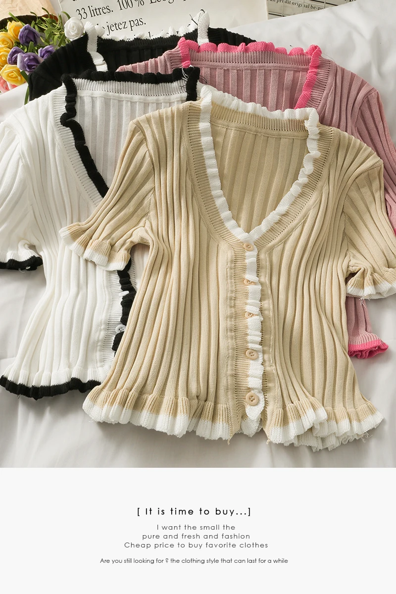 

2021 Summer Wood Ears V-neck Knitted Top Women's New Slim and Thin Single-breasted Color-blocking Shirt