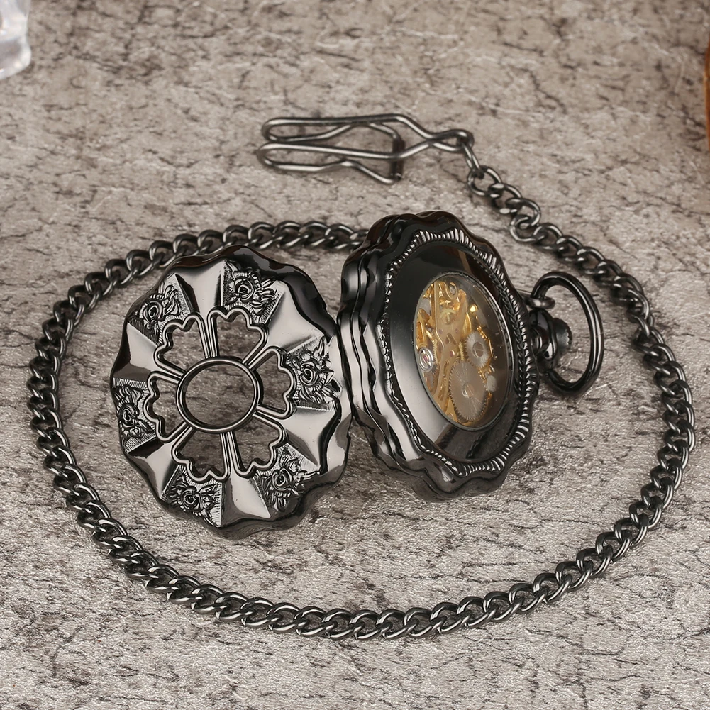 

Unique Pumpkin Shape Mechanical Hand-winding Pocket Watch with FOB Chain Steampunk Skeleton Clock Pendant Watches Men Women Gift