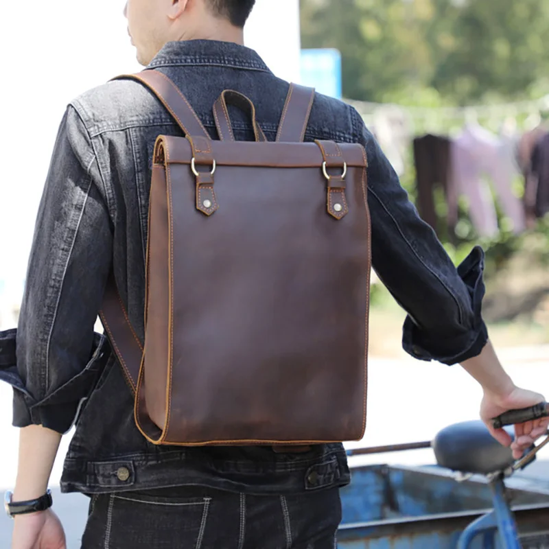 

AETOO Minimalist Crazy Horse Leather Backpack, Personalized Leather School Bag, Leather Retro Male Computer Bag