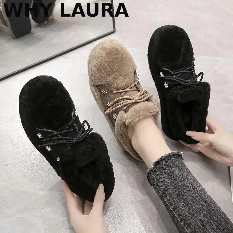 

2021 new autumn shoes, cow suede shoes, short plush warm lace-up women's shoes, loose cake sole shoes, comfortable soft warm non