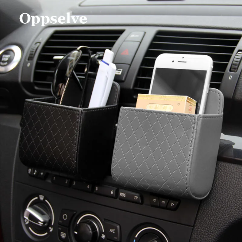 Oppselve Universal Car Outlet Storage Bag for Phones PU Leather Tidy Case Organizer Car Mount Multi-function Organizer Holder