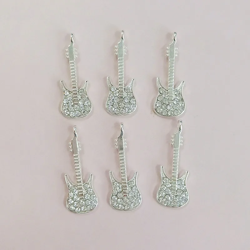 

10pcs Alloy Guitar Charms Silver Tone Rhinestone Guitar Pendants Floating Earring Bracelet DIY Jewelry Accessories 12*31mm YZ595