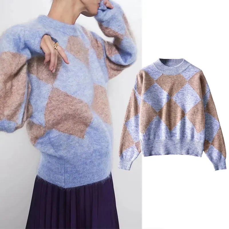 

Женский вязаный свитер Za, пуловер с длинным рукавом, Свободный джемпер с алмазным узором, осень 2021