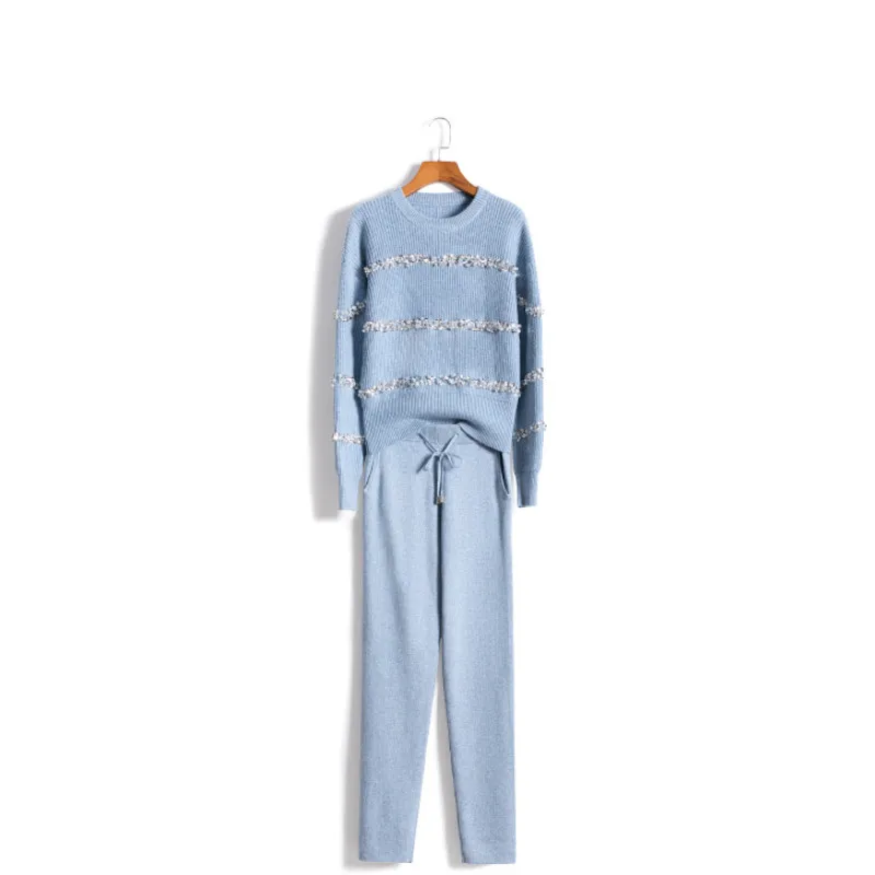 Кашемир продвижение о-образным вырезом полный вязаный костюм женский 2019 Новая