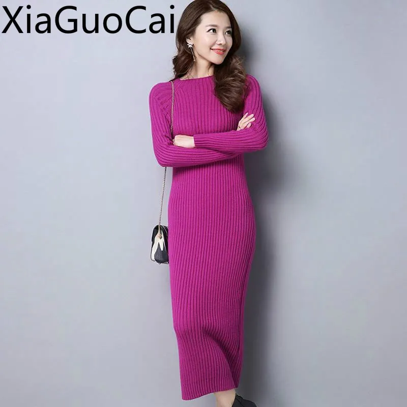 Осенне зимние женские длинные свитера новинка 2019 облегающие вязаные платья