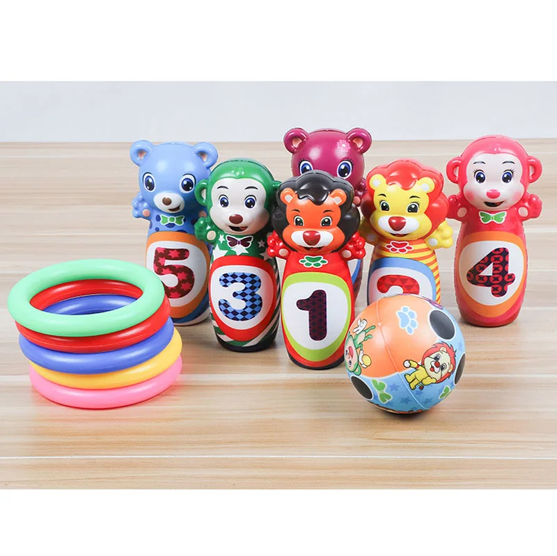 Bowling and Ringtoss Детские Мультяшные куклы, открытый шар для боулинга, игрушки, набор из ПУ хлопка, прыгающие шарики, спортивные игрушки для боулинга, игрушки для детей - Цвет: Bowling and Ringtoss