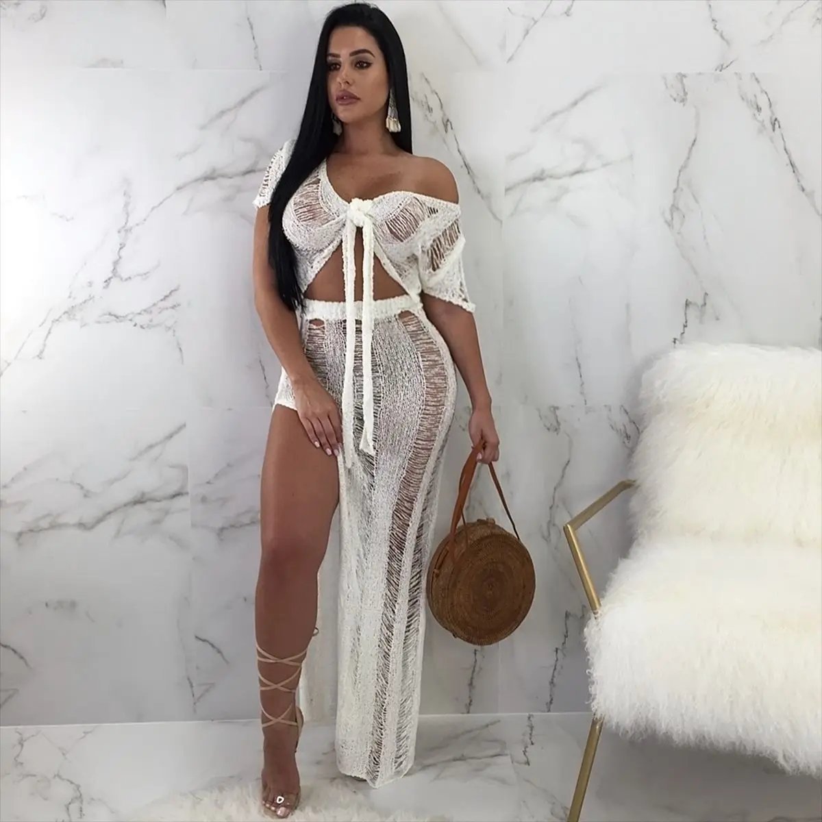 2020 Summer Sexy Club Outfits Women Two Piece Set Hollow Out Knitting Transparent Party Dress V-Neck Transformable Shirt |