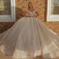 2021 new crystal diamond wedding gowns organza ball gown shape dubai arabic style bridal church wedding gown with train