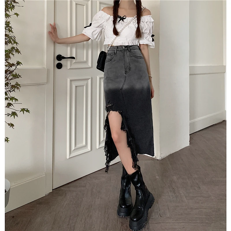 

Design Sense Split Denim Skirt Female Summer New Korean Style High Waist Slimming Mid-length Skirt Long Skirts for Women