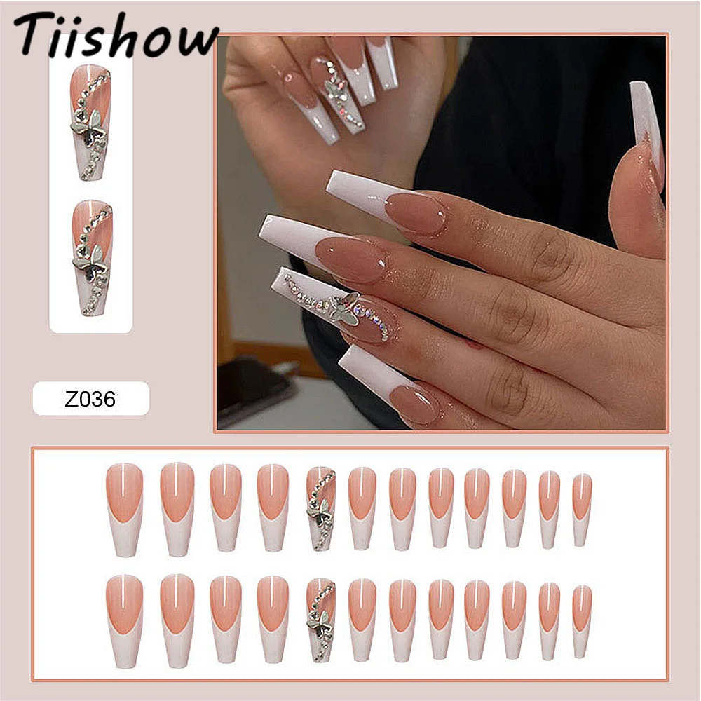 

Длинные накладные ногти Tiishow в европейском стиле, 24 шт., Желейный гель для ногтевого дизайна, блестящие Блестящие бабочки, бриллиантовые нак...