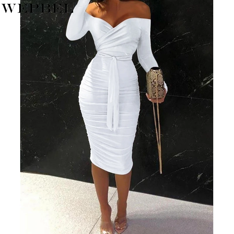 

WEPBEL Dress Autumn Sexy Slim Pleated High Waist Dress Women's Casual Long Sleeve Slash Neck Off Shoulder Solid Color Dress