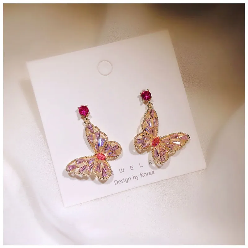 S925 Silver Needles Drop Earrings For Women Green/Pink Cubic Zirconia TButterfly Romantic Fine Jewelry Bridal Wedding Accessory