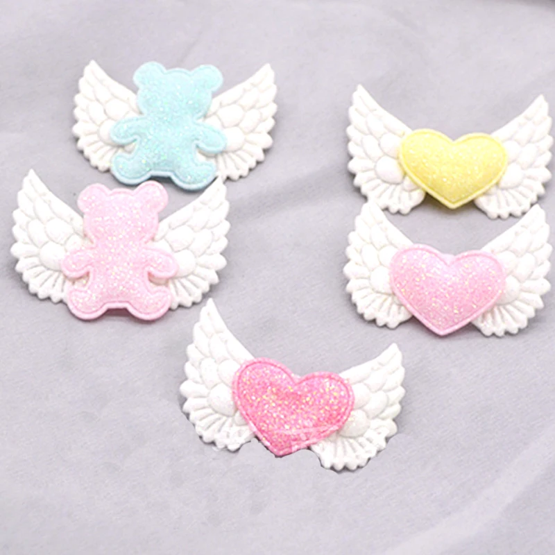 

10pcs/lot 5*3.4cm Glitter Angel Wing Appliques Cute Heart Bear Wing Patches Children's Headwear Clothing Accessories DIY Patch