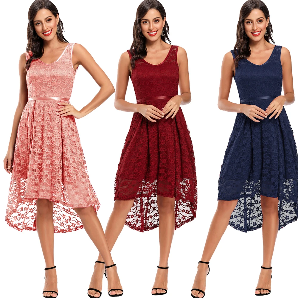 

2020 Women Sleeveless Dress Lace High Low Party Dresses Backless Formal Club Wear Fashion Asymmetry Strap Vestidos