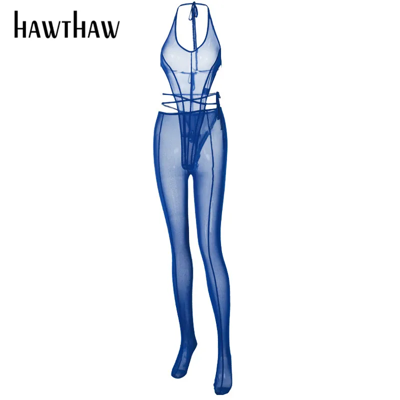 

Hawthaw Women Summer Mesh Halter See Through Bodysuit Long Pants Two Pieces Set Outfit Suit 2021 Female Clothing Streetwear