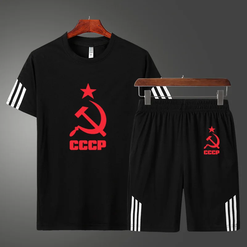

Summer Unique CCCP Russian USSR Soviet Union Men's T-shirt high quality Cotton Men's short sleeve + shorts two-piece suit
