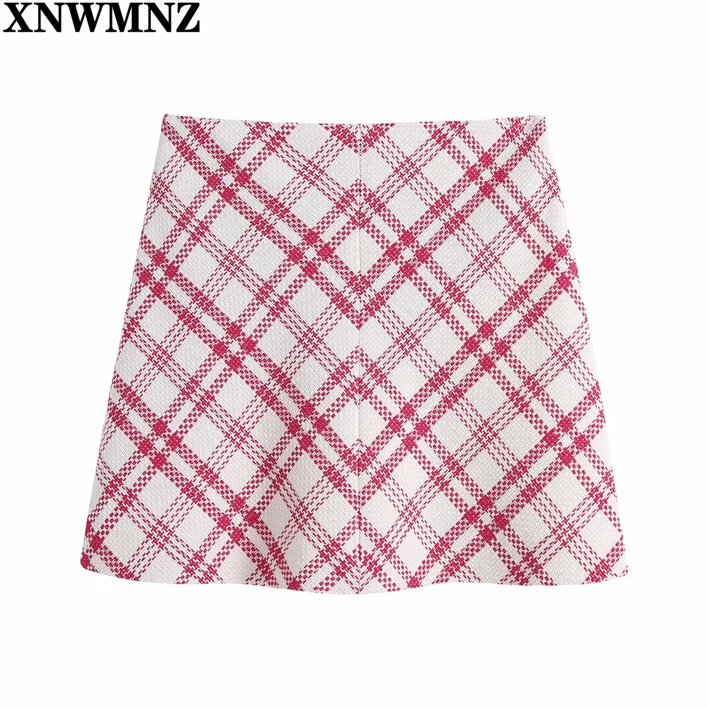 

XNWMNZ summer new women sweet lapel long-sleeved plaid texture short suit jacket + high-waist plaid skirt check textured Skirts