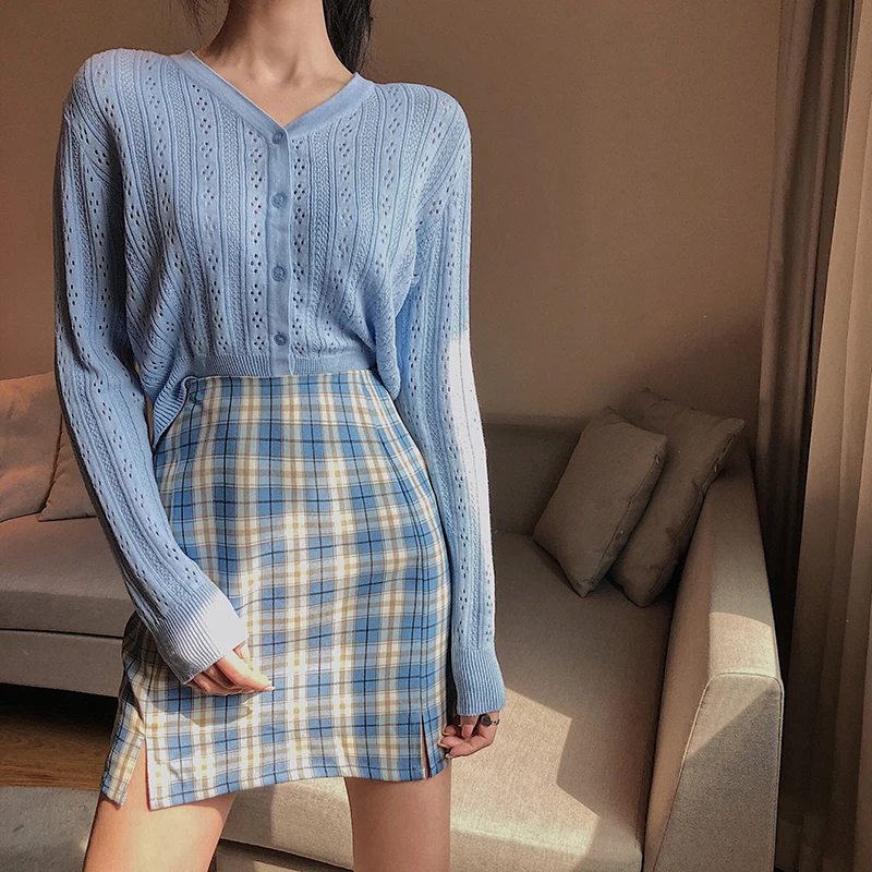 Женский вязаный кардиган свитер топы весна-лето одежда новый тонкий синий милый