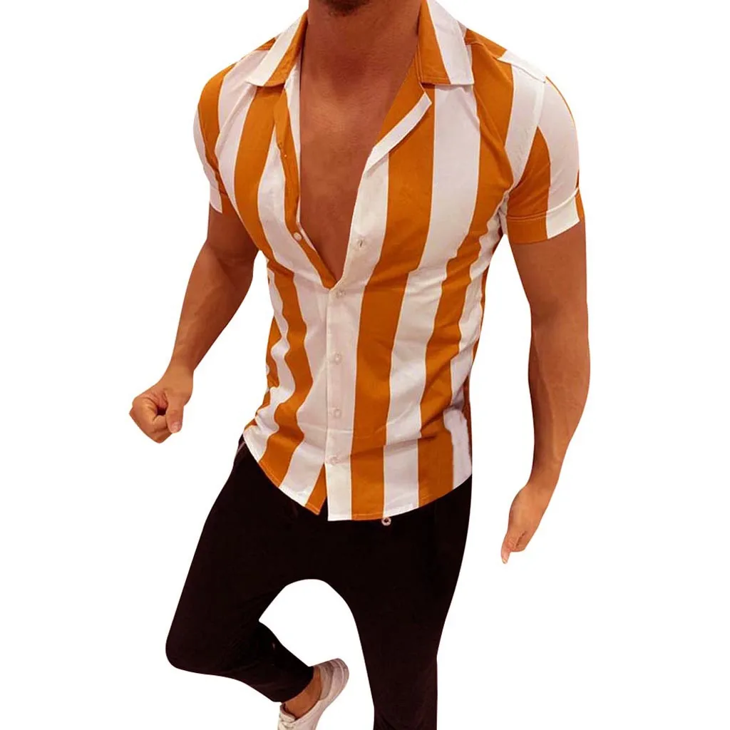 

Striped Shirt Mens HOT Plus Size Printed Splicing Colorful Short Sleeve Casual Loose Shirt