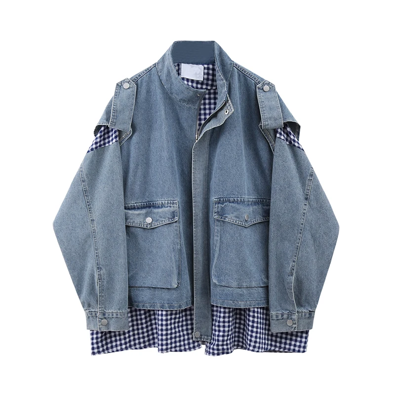 

Женская джинсовая куртка в клетку, Повседневная синяя куртка в стиле пэчворк с отложным воротником и длинным рукавом, новая модная одежда, о...