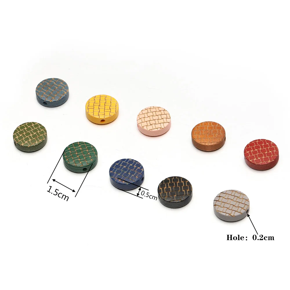

20Pcs Colorful 15mm Round Flat Natural Wood Beads Grid Pattern Straight Hole Beads DIY Earring Accessories for Jewelry Making