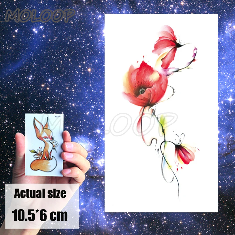 Тату-наклейка для боди-арта с красными цветами чернилами растениями розочками