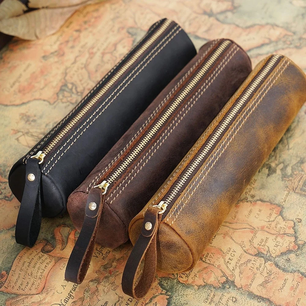 

Genuine Leather School Pencil Case Vintage Pen Box for Girls Boys Pencilcase Black Round Zip Penal Bag Stationery Kit