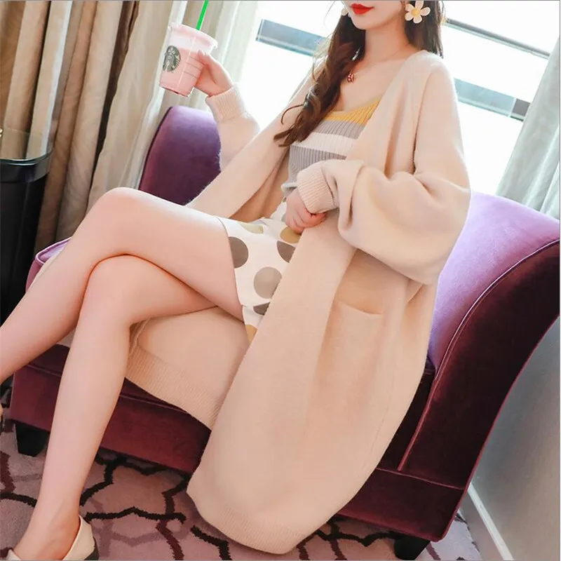 2019 авокадо зеленый женский свитер-кардиган с длинными коленями сплошной длинный